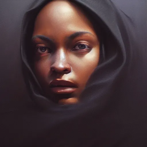 Image similar to a portrait of a young black woman wearing a long dark cloak, hood and shadows covering face, anatomically correct, beautiful perfect face, enigmatic, oil painting, matte painting, black background, Volumetric dynamic lighting, Highly Detailed, Cinematic Lighting, Unreal Engine, 8k, HD, by Beksinski