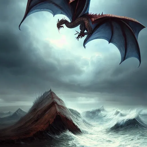 Image similar to dragon, huge wings, scary weather, stormy, ocean, spitfire, photography, hyperrealistic, by greg rutkowski, smooth, illustration, elegant, artstation, digital painting.