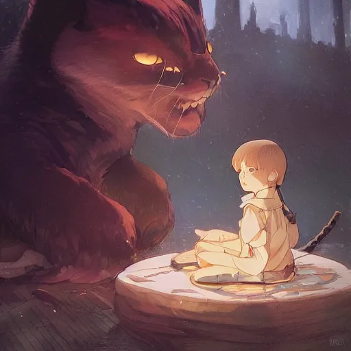 Prompt: h!dream a kid and a monster cat in the night made by studio ghibli beautiful scene highly detailed, digital painting, artstation, concept art, smooth, sharp focus, illustration, art by artgerm and greg rutkowski and alphonse mucha 8k