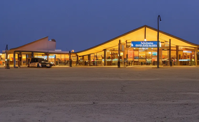 Image similar to exterior photo of the port byron travel plaza, a boring white a - frame build, depressing scene from being john malcovich film directed by charlie kaufman ( 2 0 0 1 ), moody cinematography and lighting, 2 4 mm anamorphic lens