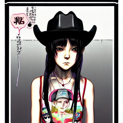 Image similar to full view of girl from serial experiments lain, with tattoos, wearing cowboy hat, style of yoshii chie and hikari shimoda and martine johanna, highly detailed