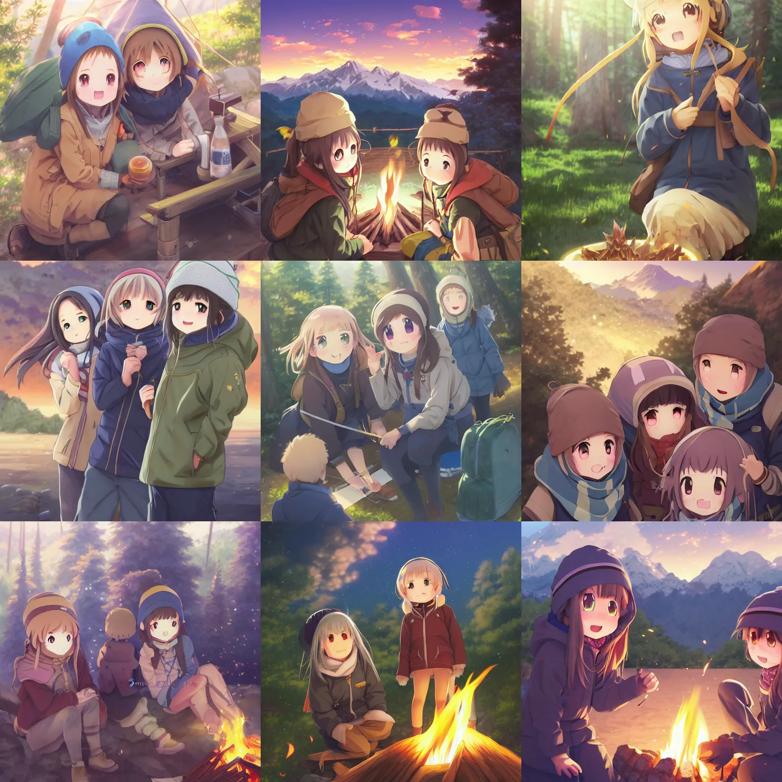 Prompt: anime yuru camp yama no susume cute girls around campfire trending on artstation hyperdetailed shining eyes cute moe detailed faces Unreal Engine 4k 8k ultra HD illustration digital pixiv concept art manga cover by Stanley Artgerm Lau, WLOP, Rossdraws, James Jean, Andrei Riabovitchev, Marc Simonetti, and Sakimichan