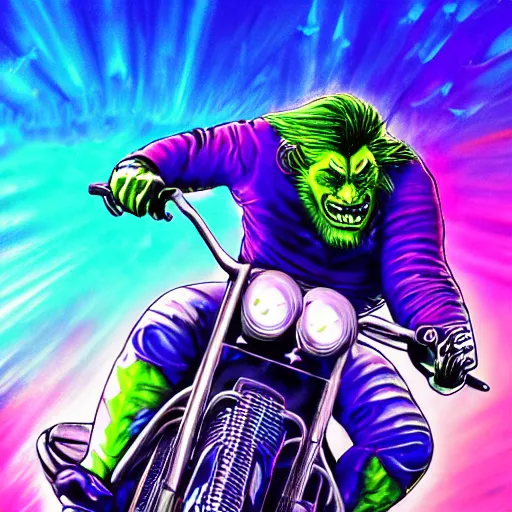 Prompt: psychedelic colorful blacklight airbrush artwork, motorcycle, stylized action shot of an orc biker riding a motorcycle, menacing orc, drifting, skidding, wheelie, clear focused details, soft airbrushed artwork, black background, cgsociety, artstation