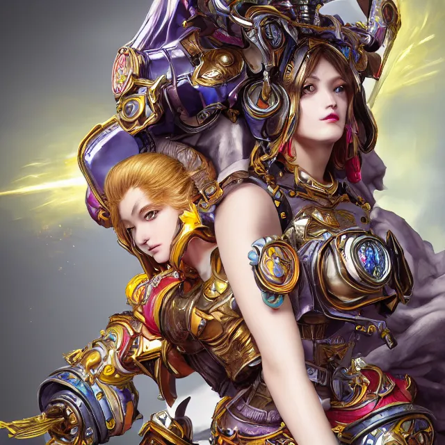 Image similar to studio portrait of lawful good colorful female holy mech paladin as absurdly beautiful, sophisticated, young gravure idol, ultrafine hyperrealistic detailed face illustration by kim jung gi, irakli nadar, intricate linework, sharp focus, bright colors, matte, octopath traveler, final fantasy, unreal engine highly rendered, global illumination, radiant light, intricate environment