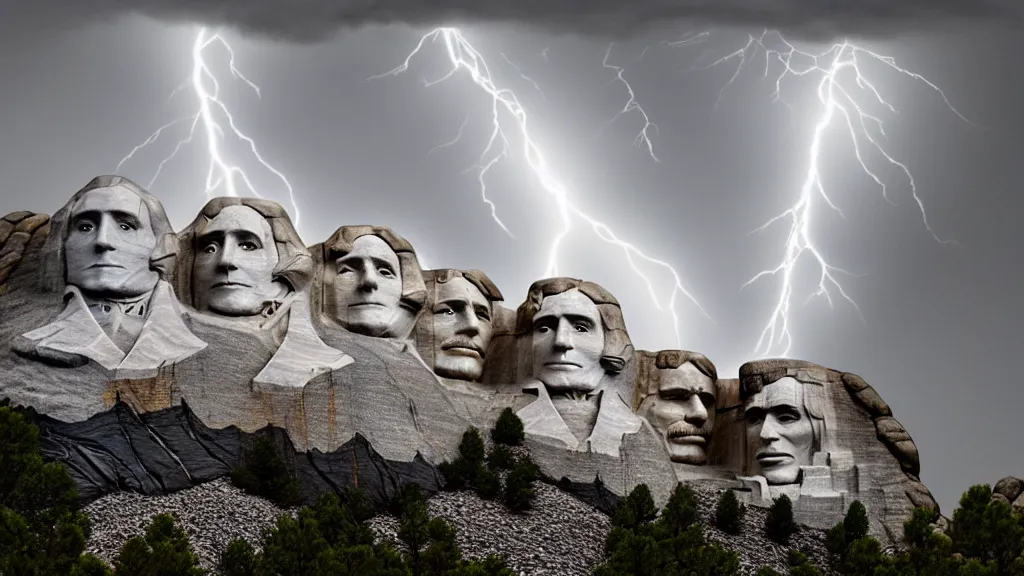 Image similar to mount rushmore but all the faces are guy fiery, lightning, storms, volumetric lightning by eugene von guerard, ivan shishkin, dramatic lighting, concept art, trending on artstation, 8 k