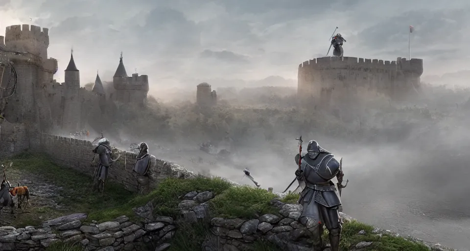 Image similar to ten medieval soldiers atop a castle wall looking at two trebuchets. it is a quiet morning. mist, epic, cinematic, volumetric lighting, symmetry, fantasy style, highly - detailed, unreal 5, realism