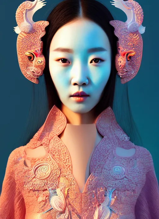 Image similar to 3 d goddess medium shot profile portrait. beautiful intricate highly detailed korean gumiho mask and traditional korean hanbok. stingray, magpie, bioluminescent, plasma, lava, ice, water, wind, creature, fog, artwork by tooth wu and wlop and beeple and greg rutkowski, 8 k trending on artstation,