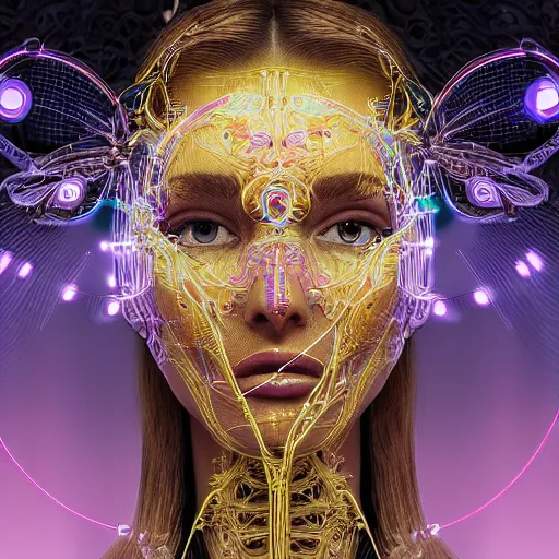 Prompt: very beautiful woman integrating with technology, full face frontal centered, portrait, insipiring, detailed intricate ornate neon pulsating cables connected to head, very detailed eyes, luxurious detailed abundent wiring and implants, gold optical fiber, renaissance, sci - fi, detailed technology background with cyber flowers and insects, dramatic lighting, photography, highly detailed, artstation, 8 k,