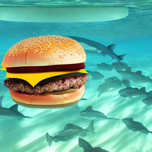 Image similar to a shark eating a cheeseburger