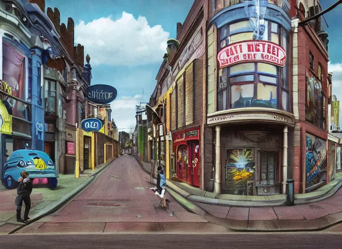 Prompt: north melbourne street, lowbrow, matte painting, 3 - d highly detailed, in the style of mark ryden