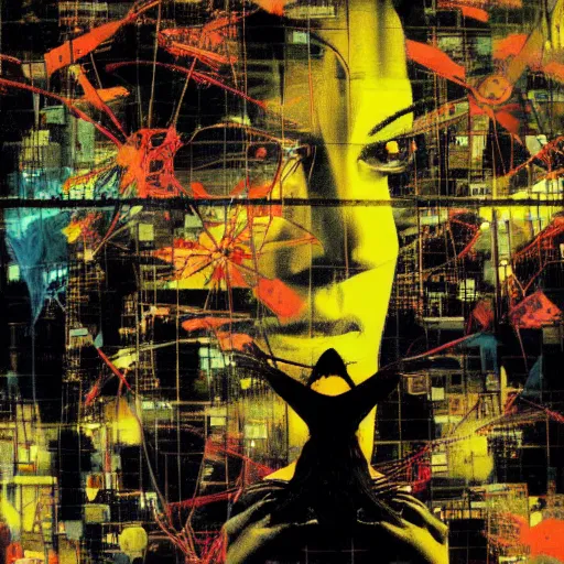 Image similar to a daydreaming hacker under progressive rasterization is surrounded by digital birds, neon virtual networks, and information visualization, oil on canvas by dave mckean and yoji shinkawa