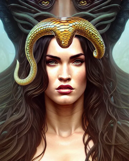 Image similar to portrait of megan fox as medusa, snake hair, serpent hair, greek mythology, intricate, headshot, highly detailed, digital painting, artstation, concept art, sharp focus, cinematic lighting, illustration, art by artgerm and greg rutkowski, alphonse mucha, cgsociety