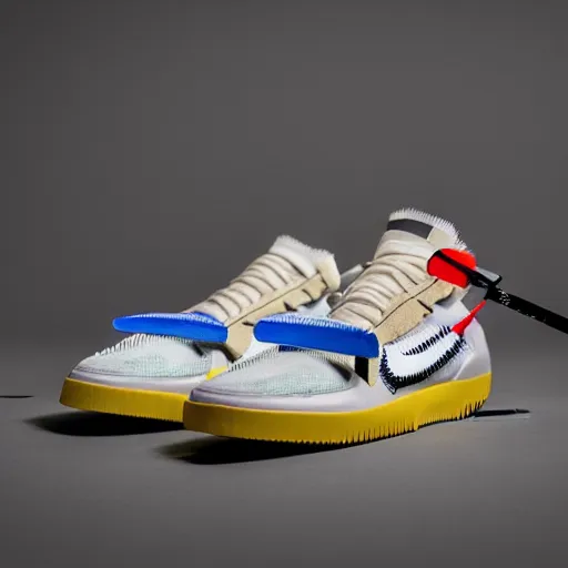 Image similar to a studio photoshoot of Nike Off-white running sneakers designed by Virgil Abloh, soft suede with knitted mesh material, rubber Waffle outsole, realistic, color film photography by Tlyer Mitchell, 35 mm, graflex