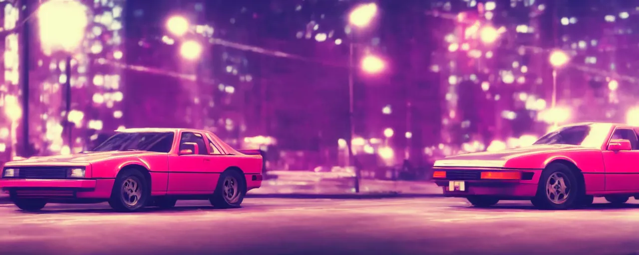 Prompt: 80s red sports car, parked on deserted city street at night time, purple lighted street, retrowave vibes, grainy, soft motion blur, VHS Screencap