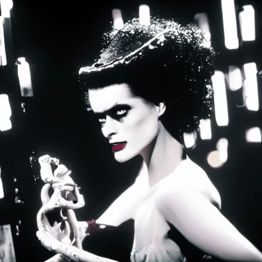 Image similar to cinematic portrait of bride of frankenstein as a replicant in a nightclub, still from the movie bladerunner, fashion photography, a neon sign is in the background