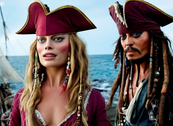 Image similar to film still of Margot Robbie as Captain Jack Sparrow in new Pirates of the Caribbean movie, 4k