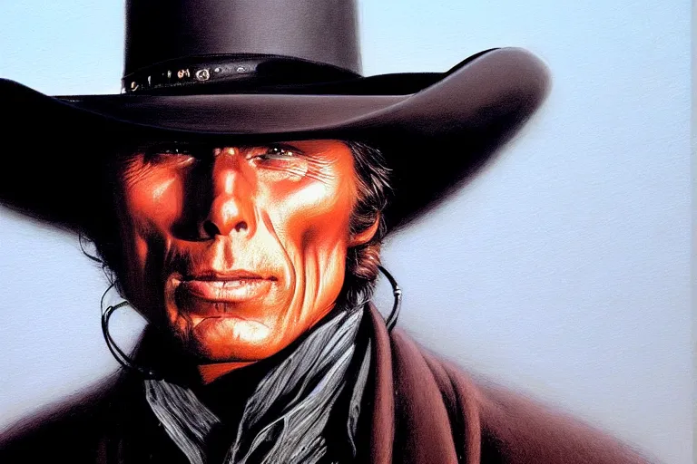 Prompt: poster portrait of peter weller as a black hat cowboy in pale rider ( 1 9 8 5 ). oil painting elegant, highly detailed, centered, digital painting, artstation, concept art, smooth, sharp focus, illustration, artgerm, tomasz alen kopera, peter mohrbacher, donato giancola, joseph christian leyendecker drew struzan