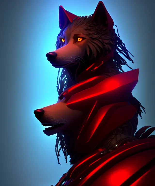 Image similar to award winning portrait of a anthropomorphic black male wolf with long red hair wearing futuristic armor | | concept art, 4 k, volumetric lighting, highly detailed, photorealistic, by cory loftis trending on artstation