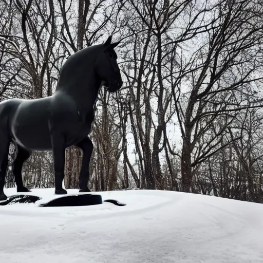 Image similar to A photo looking up at a black statue of a soldier riding a horse, lightly topped with snow, the statue is on a pedestal, the ground is full of snow, the background has numerous wintry trees, the sky is blue with sun poking through the clouds. Twilight. Photorealistic, 4k,