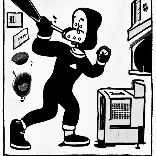 Prompt: a black and white photograph of a cartoonist destroying a computer with a baseball bat, in the style of gary baseman, robert crumb, jenny saville, photorealism, photography, realistic, surreal, high contrast, soft lighting, film photography