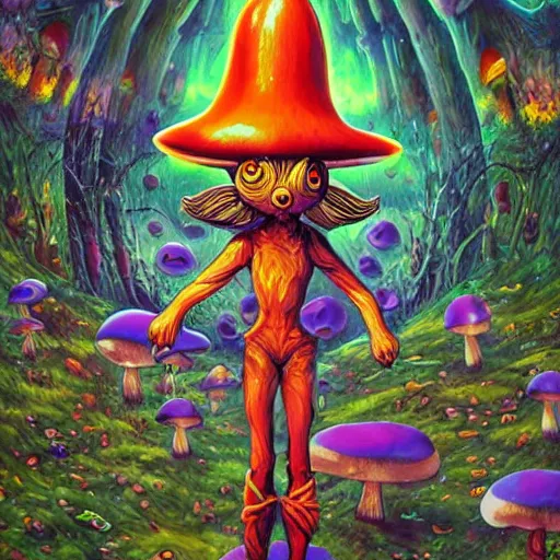 Image similar to 4 k headshot portrait of a psychedelic demonic anthropomorphic bunny rabbit with mushroom themed clothes, magic mushroom village in background by jeff easley, award winning, stylized neon, post - processing, masterpiece, superb resolution. in the art style of junji ito and greg rutkowski. detailed mushroom city in background. hyper realistic anime. perfect art. dalle 2