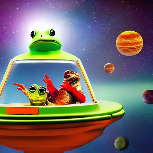 Prompt: frog in a space ship and smoking in the background you can see the universe, 4k, studio lighting by Daniel F. Gethartz, detailed