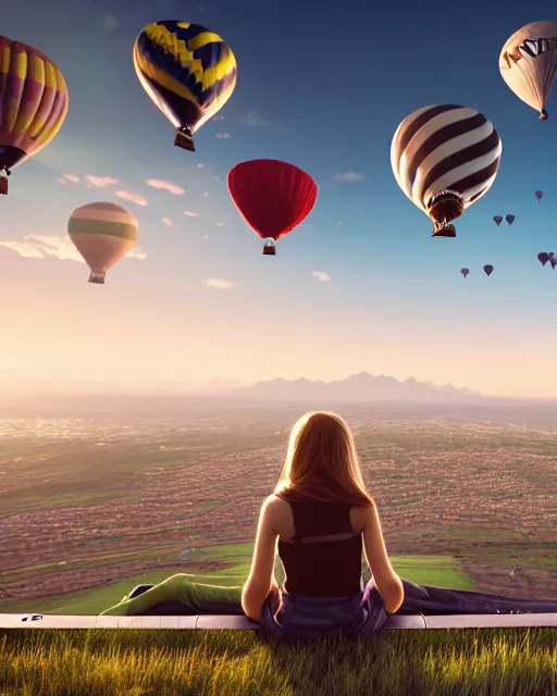 Prompt: very wide photo shot of a teen girl sitting on a flying passenger airplane's wing, side view, very windy, sunny morning light, hot air balloons in the distance, hdr, volumetric lighting, intricate details, detailed digital photo by noriyoshi ohrai and john william waterhouse and krenz cushart, unreal engine, octane render, hyperrealism, photorealistic