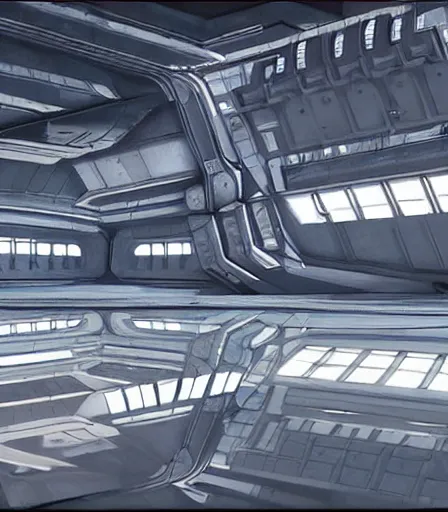 Image similar to highly detailed cyberpunk Spaceship hangar concept art, artstation