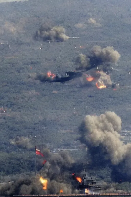 Image similar to the us military attacking pyongyang, dramatic angle, intense scene