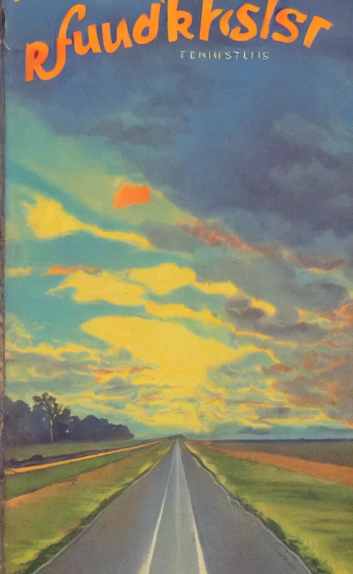 Image similar to paperback book cover. 1 9 5 0 s. pure colors, melting clouds, accurately drawn details, a sunburst above a receding road with the light reflected in furrows and ruts, after rain. and no girls.