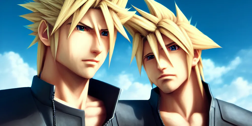 Image similar to low angle portrait of Cloud Strife from ff7, tepainting concept Blizzard pixar maya engine on stylized background splash comics global illumination lighting artstation lois van baarle, ilya kuvshinov, rossdraws