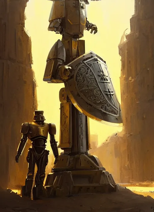 Prompt: tall strong intricate yellow pit droid holding large paladin medieval shield!!! and a long medieval engraved powerful great sword, pancake short large head painterly humanoid mecha, beautiful fantasy background by Greg Rutkowski