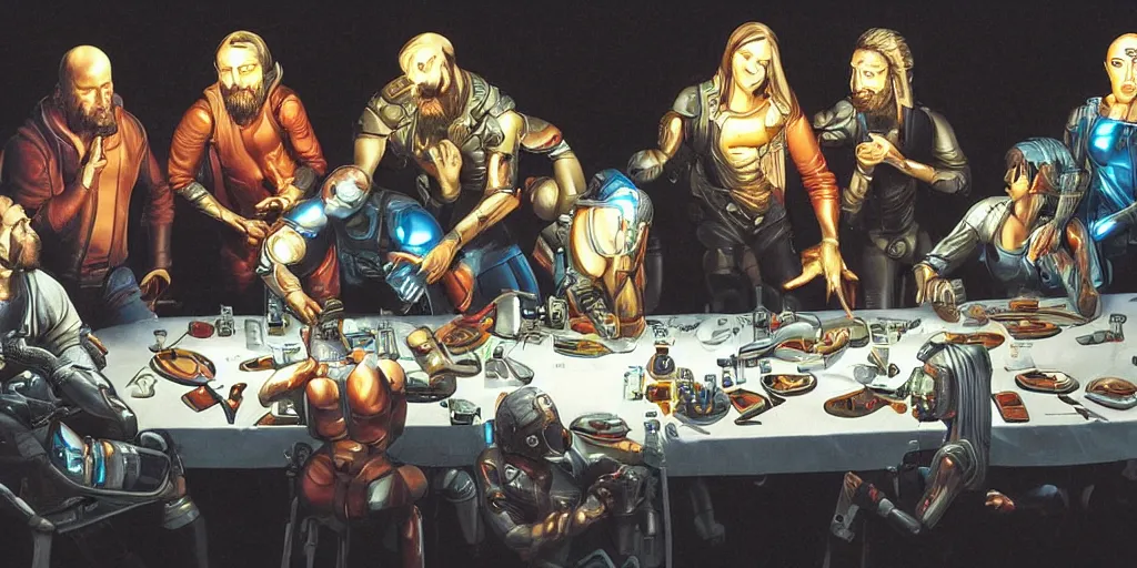 Image similar to !5 diverse cyborgs on !one_side of a reflective !cybernetic table, !!posing_as_last_supper, inticrate detailed glowing implants, !!highly detailed, beautiful lighting