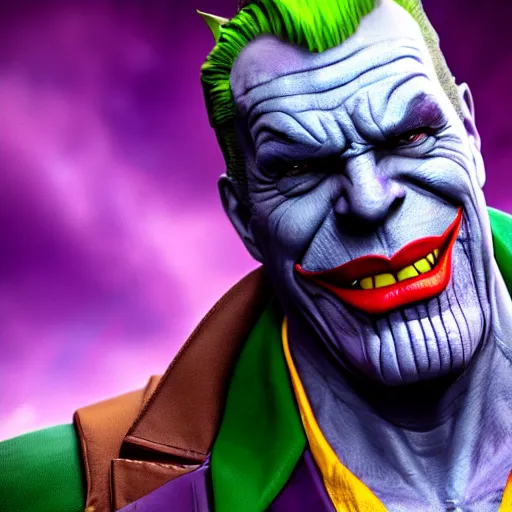 Image similar to thanos cosplaying as joker, octane render, unreal engine 5, high quality, highly detailed, close up photo, 8 k