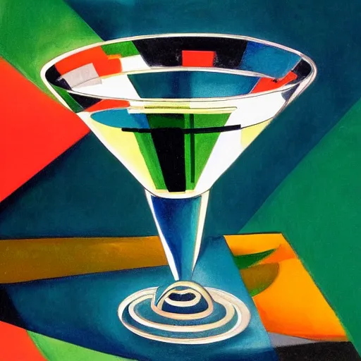 Prompt: art deco martini glasses in the style of tamara lempicka