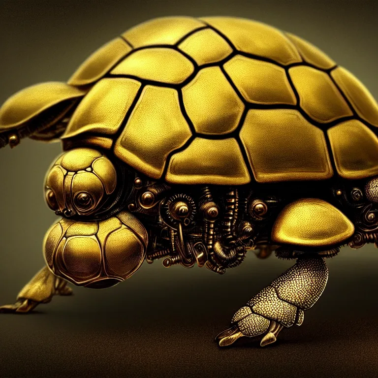 Image similar to steampunk golden tortoise beetle, biomechanical, very coherent symmetrical artwork, cinematic, 3 d model, unreal engine realistic render, 8 k, micro detail, intricate, elegant, highly detailed, centered, digital painting, smooth, sharp focus, illustration, artgerm, tomasz alen kopera, by wlop