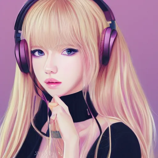 Image similar to realistic beautiful gorgeous natural cute Blackpink Lalisa Manoban blonde hair cute fur blonde cat ears, wearing summer outfit, wearing headphones, wearing black leather choker artwork drawn full HD 4K highest quality in artstyle by professional artists WLOP, Taejune Kim, Guweiz on Artstation Pixiv