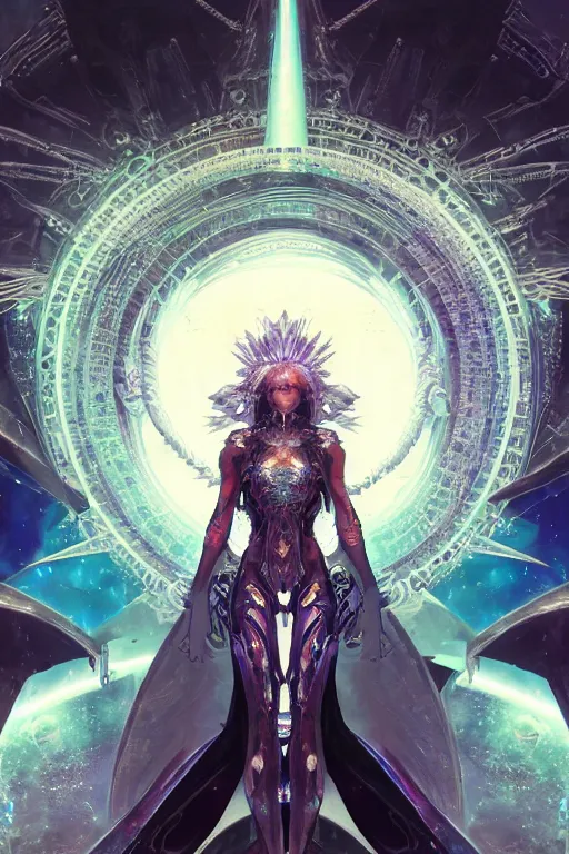 Image similar to heartbreaking portrait of cosmic angel queen at the entrance of a stunning stargate - portal to the unknown universe by yoji shinkawa, yoshitaka amano, james jean, craig mullins, sense of wonder, intricate beautiful cosmic opal filigree details, 8 k octane render, cinematic lighting,