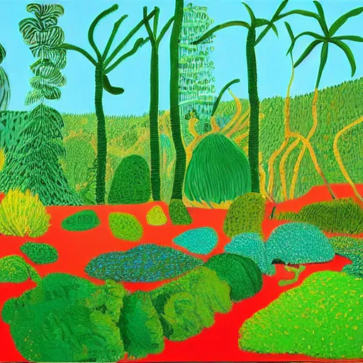 Image similar to painting of a lush natural scene on an alien planet by david hockney. beautiful landscape. weird vegetation. cliffs and water.