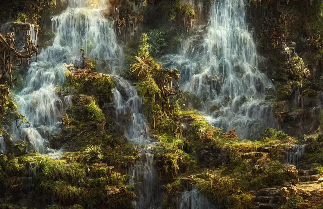 Prompt: a highly detailed textured waterfall, detailed dreamscape, hyperreal phantastic, intricate details in environment, golden ratio, high aestehtic, cinematic light dramatic light, lightrays, distance, photobash, wideangle, hyperreal 4 k