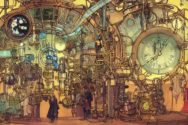 Image similar to close up view on steampunk lab with big vapor tubes and alchemy equipment, mad scientist working, giant video screens, sci - fi vending machine, clock, retrofuturism, concept art by mucha and moebius and victo ngai, clean line, diesel punk