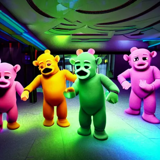 Image similar to hyperrealistic film still of teletubby rave, stunning 3 d render, neon cyberpunk cinematic lighting, 8 k octane comprehensive render, extremely hyper - detailed, incredibly realistic, intricate, masterpiece