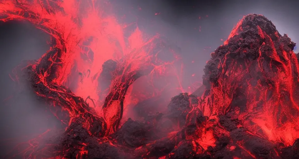 Image similar to a volcano made of ivory vines and crimson rocks enters in eruption, it spits a smoke in the shape of demonic eye, from Cryptid Academia