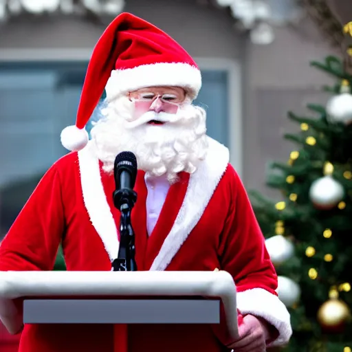 Prompt: Father Christmas running for president, nomination, republican, lectern, speech, beard, photograph, press