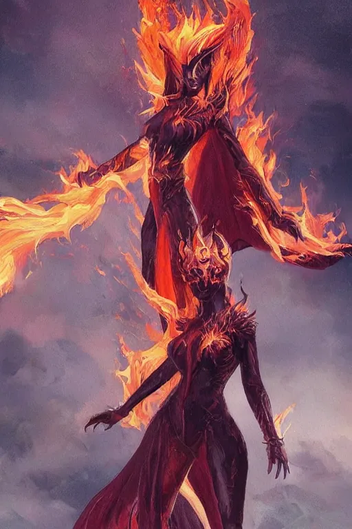 Image similar to a painting of beautiful full body concept art, ultra beautiful face, queen of hell wearing full fire clothing standing in a field