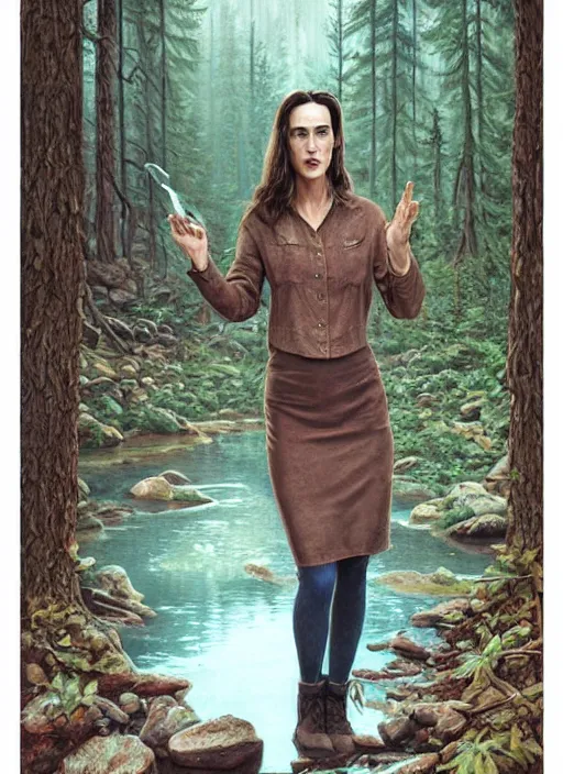 Image similar to portrait of jennifer connelly in searching in the woods standing before the mysterious small pond, twin peaks poster art, from scene from twin peaks, by michael whelan, artgerm, retro, nostalgic, old fashioned