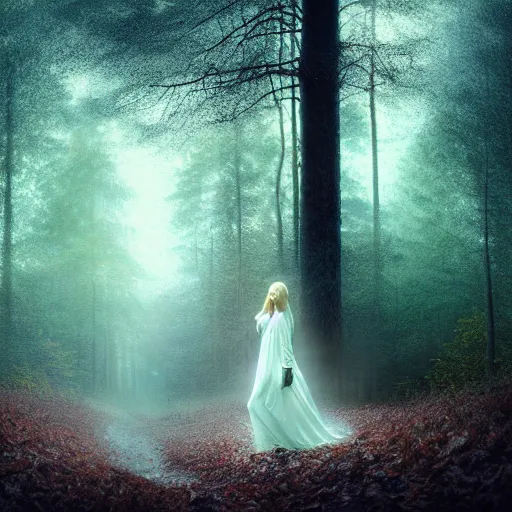 Prompt: in the style of thomas kinkade, mikko lagerstedt, joshua middleton, transparent female ghost screaming, flowing dress, middle shot, symmetrical face, in the woods, moody lighting, dark fantasy