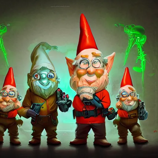 Prompt: garden gnomes as ghostbusters, intricate, highly detailed, digital painting, artstation, symmetrical, concept art, smooth, sharp focus, illustration, unreal engine 5, 8 k,