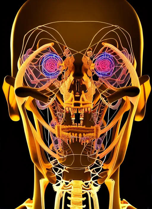 Image similar to parametric mechanical skeleton with human face, wires, glowing internal light, hyperdetailed, by alex grey, intricate linework, faberge, intricate gold linework, dark atmosphere, unreal engine 5 highly rendered, global illumination, radiant light, detailed and intricate environment