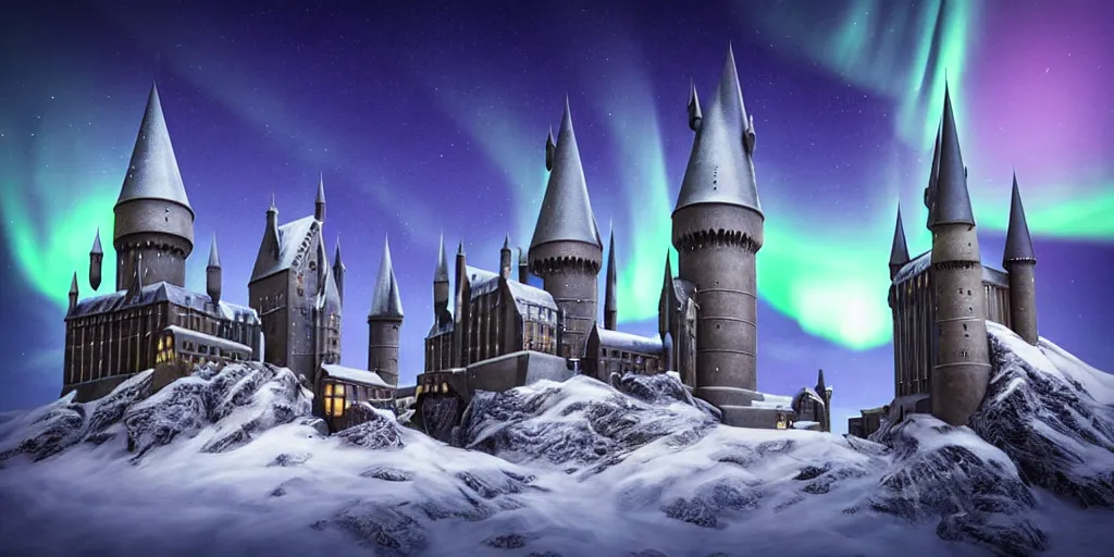 Image similar to “Hogwarts School of Witchcraft and Wizardry with the norther lights in the background. Octane render, 4k, 8k, unreal 5, very detailed, hyper control-realism, trending on artstation.”